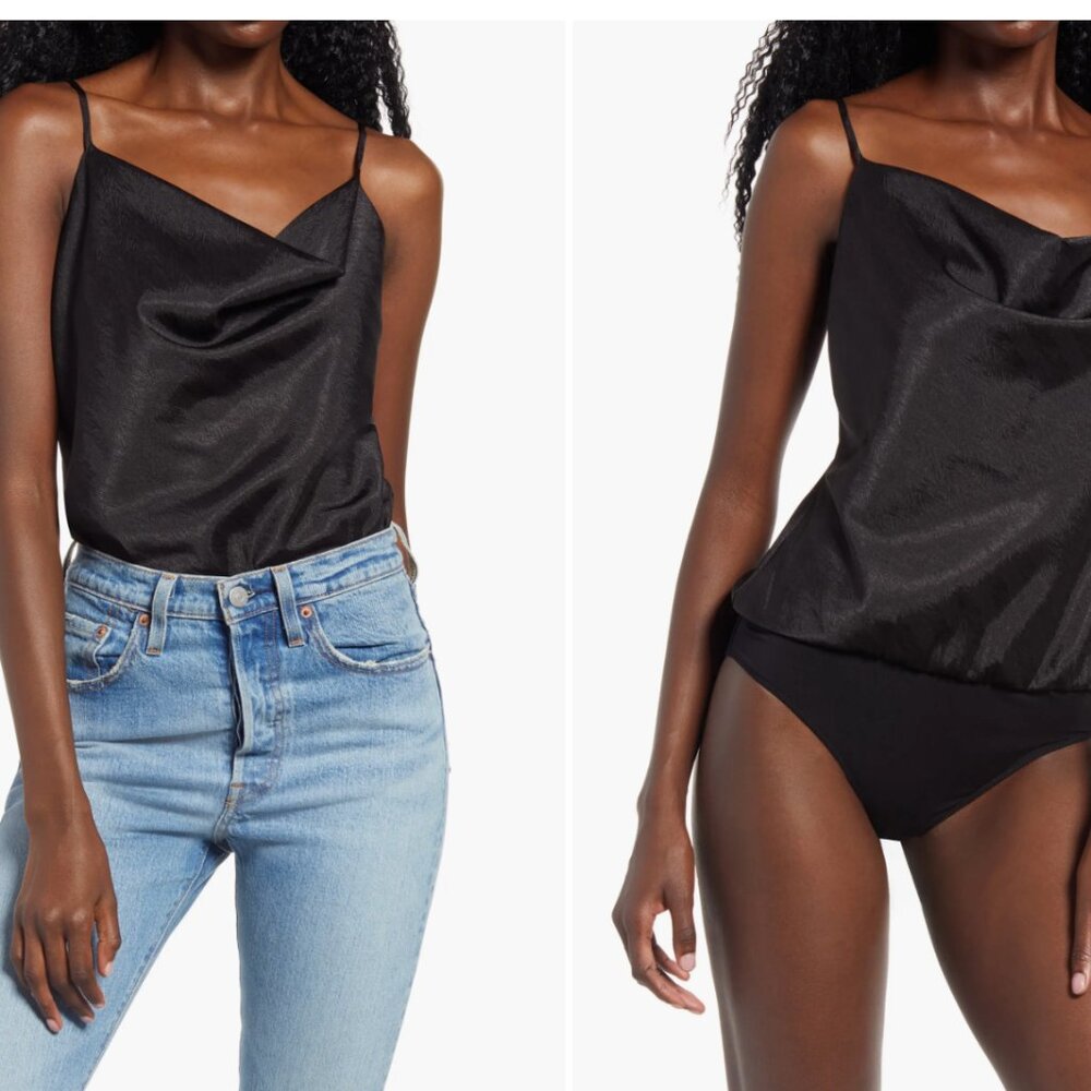 Wayf Giselle Cowl Neck Black Jacquard Satin Bodysuit in Size M